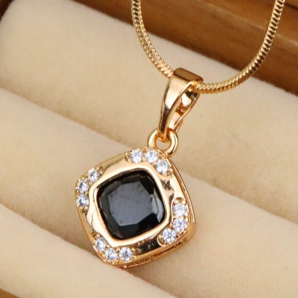 "Gold Plated Black Cushion Pendant with Crystal Halo – Bold Modern Look,XPPT1766 - Picture 1 of 13